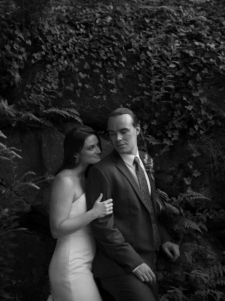 Vermont wedding photographer features black and white portrait of bride and groom during a wedding at Riverside Farm, Vermont.