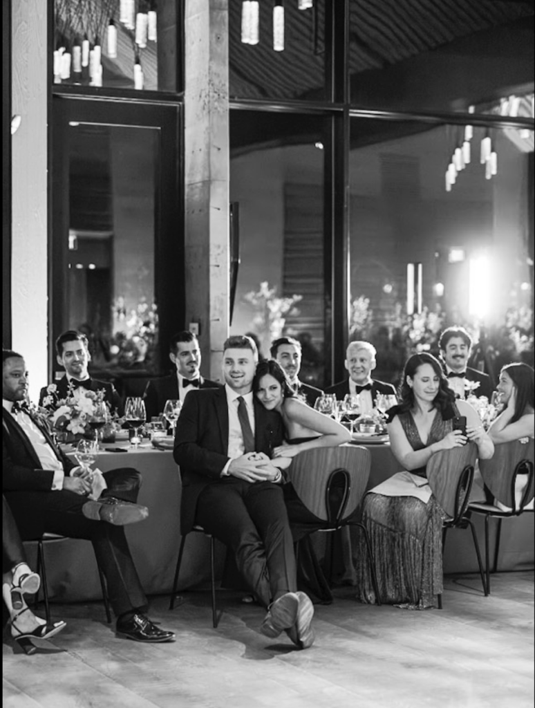 Black and white wedding reception photography.
