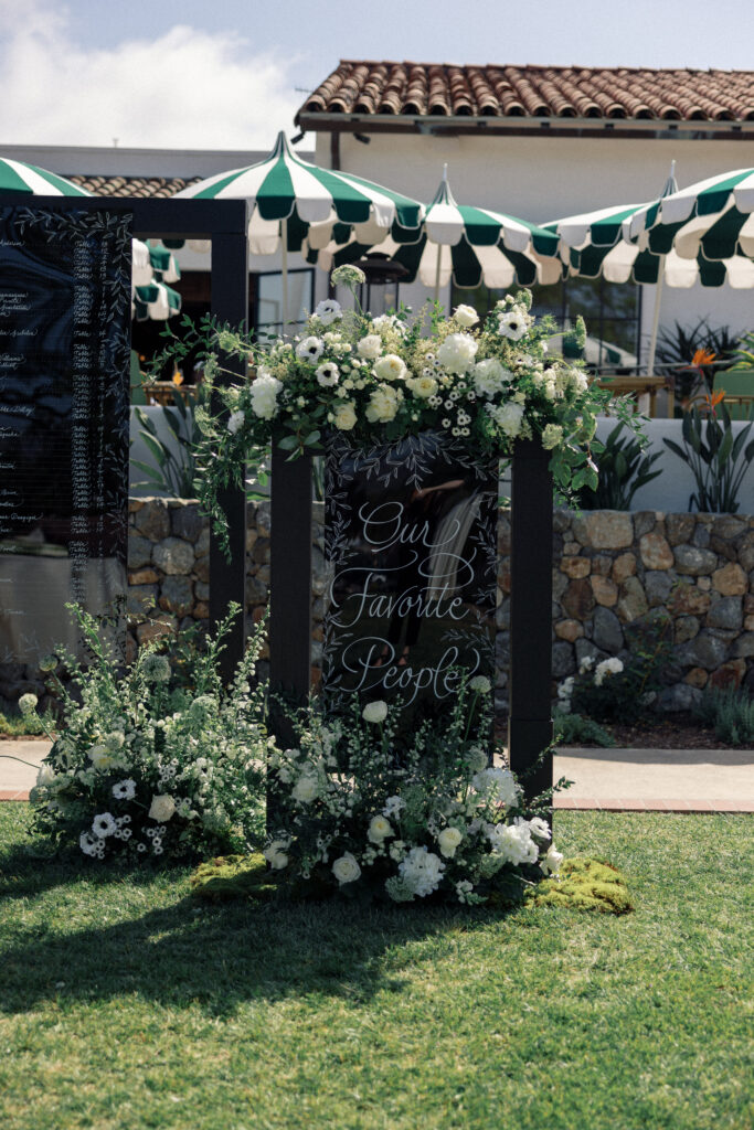 White, green, and black seating chart for a wedding reception.