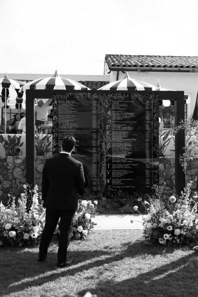 Man tries to find his name on a list of guests on a seating chart at a luxury black tie wedding in California.