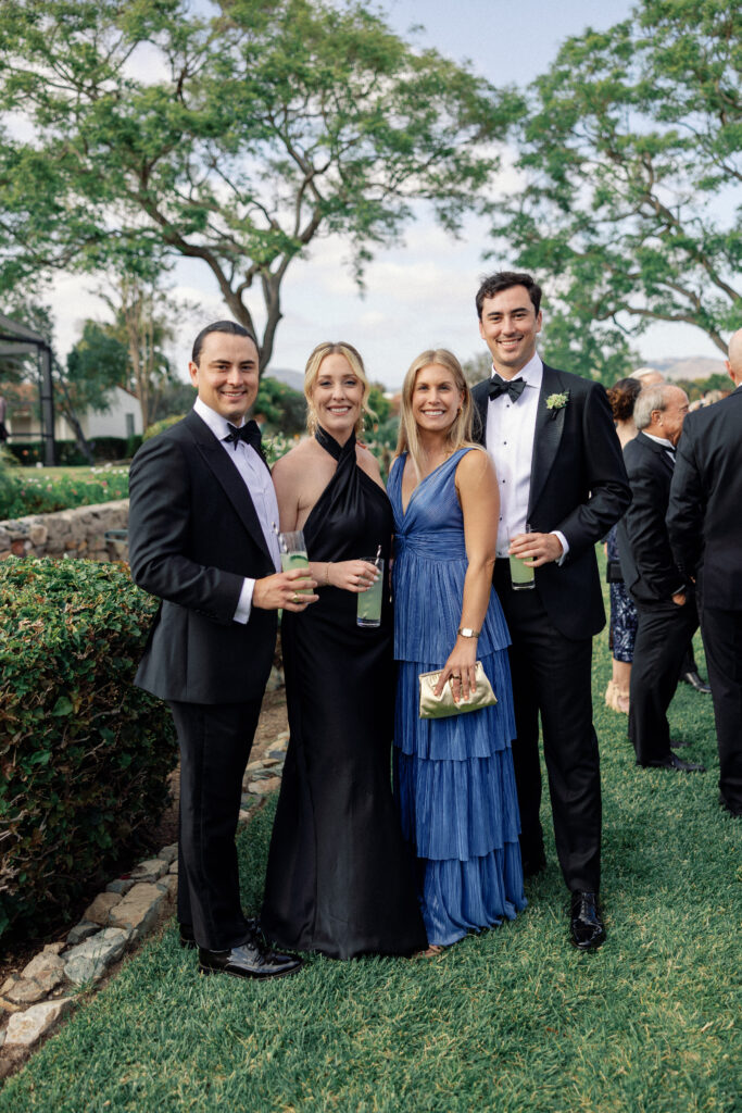 Wedding photos at the Inn at Rancho Santa Fe feature guests in black tie attire during the event's cocktail hour.