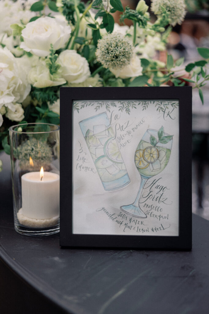 Illustrated custom drink signage on a bar at a wedding in San Diego County.